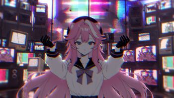 1girl alternate_costume animal_ear_fluff animal_ears beret black_eyes black_gloves black_hat black_sailor_collar center-flap_bangs commentary crt double-parted_bangs empty_eyes english_commentary extra_ears gloves hair_flaps hair_intakes hands_up hat highres hololive hololive_english long_hair long_sleeves looking_at_viewer monitor multicolored_hair official_art panther_ears panther_girl parted_lips pink_hair raora_panthera raora_panthera_(artist) sailor_collar sailor_shirt school_uniform shirt shirt_tucked_in sidelocks solo static streaked_hair television upper_body virtual_youtuber white_hair white_shirt