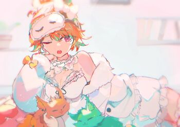 1girl bare_shoulders cat chonkers_(takanashi_kiara) commentary english_commentary fluffy_clothes fur_jacket green_hair highres hololive hololive_english jacket lace-trimmed_nightgown miya_(ikanyaide) multicolored_hair official_alternate_costume official_alternate_hairstyle one_eye_closed open_mouth orange_hair purple_eyes simple_background sleep_mask smoothie_(takanashi_kiara) solo takanashi_kiara takanashi_kiara_(cozy) two-tone_hair virtual_youtuber