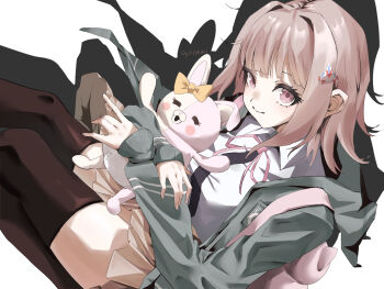Rule 34 | 1girl, animal bag, bag, breasts, brown hair, brown skirt, collared shirt, commentary request, danganronpa (series), danganronpa 2: goodbye despair, flipped hair, hair ornament, highres, hood, jacket, long sleeves, looking at viewer, medium hair, monomi (danganronpa), nanami chiaki, neck ribbon, open clothes, open jacket, oyanemi, pink bag, pink eyes, pink ribbon, ribbon, shirt, skirt, smile, solo, thighhighs, two-tone shirt, white shirt