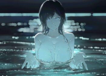 1girl ayase_yuu blue_eyes blue_hair breasts chainsaw_man large_breasts nude phase_connect tagme virtual_youtuber water