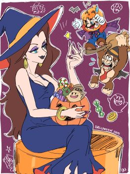 1girl 2boys agua_mp ape black_lips blue_eyes blue_overalls breasts brown_hair chibi chibi_inset cleavage collarbone donkey_kong donkey_kong_(series) dress earrings eyeshadow facial_hair gold_earrings gorilla halloween halter_dress halterneck hat highres jewelry long_hair makeup mario mario_(series) multiple_boys mustache nintendo official_alternate_costume overalls pauline_(mario) pumpkin purple_dress purple_eyeshadow purple_hat purple_nails red_shirt shirt short_hair taut_clothes taut_dress wavy_hair witch_hat