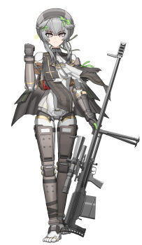 1girl :&lt; absurdres android anti-materiel_rifle barefoot black_gloves bolt_action bow cheogtanbyeong clenched_hand commentary_request dushevnaya_(girls&#039;_frontline_2) feet full_body girls&#039;_frontline girls&#039;_frontline_2:_exilium gloves green_bow grey_eyes grey_hair gun hair_bow hair_ears hand_up hat helldivers_(series) highres holding holding_gun holding_weapon joints ksvk_(girls&#039;_frontline) ksvk_12.7 looking_at_viewer mechabare mechanical_arms mechanical_legs medium_hair rifle robot_joints simple_background sniper_rifle solo standing straight-on super_earth_salute_(helldivers) thigh_gap toes weapon white_background