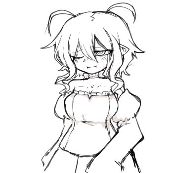 1girl @_@ antenna_hair blush bow bow_choker breasts choker cleavage dress frilled_dress frills funamusea greyscale highres large_breasts lobco_(funamusea) long_hair long_sleeves monochrome one_eye_closed oounabara_to_wadanohara pointy_ears pout puffy_long_sleeves puffy_sleeves sam_(sillylinariafan) simple_background sketch solo upper_body white_background