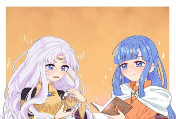 Rule 34 | 2girls, absurdres, anger vein, blue eyes, blue hair, book, border, closed mouth, commission, enid (tear ring saga), fire emblem, fire emblem: thracia 776, hands up, highres, holding, holding book, jewelry, long hair, miiuchuu, multiple girls, nintendo, orange background, orb, outside border, parted bangs, purple hair, sara (fire emblem), second-party source, smile, tear ring saga, tear ring saga series: berwick saga, tiara, twitter username, upper body, white border