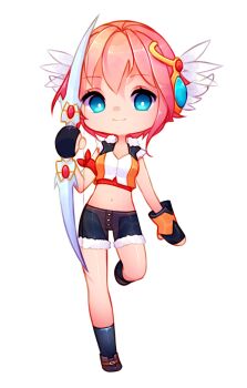 Rule 34 | 1girl, arcelle, black gloves, black shirt, black shorts, black socks, blue eyes, boots, bow (weapon), breasts, closed mouth, commentary request, crop top, feathered wings, fingerless gloves, full body, fur-trimmed shirt, fur-trimmed shorts, fur trim, gloves, grey boots, head wings, highres, holding, holding bow (weapon), holding weapon, looking at viewer, midriff, multicolored shirt, navel, pink hair, ragnarok online, shirt, short hair, short shorts, shorts, simple background, sleeveless, sleeveless shirt, small breasts, smile, sniper (ragnarok online), socks, solo, standing, standing on one leg, weapon, white shirt, white wings, wings, yellow shirt