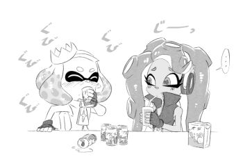 Rule 34 | 2girls, alcohol, beer, crown, dark-skinned female, dark skin, drinking, greyscale, headphones, juice, looking at object, marina (off the hook outfit) (splatoon), marina (splatoon), mole, monochrome, multiple girls, namuro, nintendo, orange juice, pearl (off the hook outfit) (splatoon), pearl (splatoon), spill, splatoon (series), splatoon 2, tentacle hair
