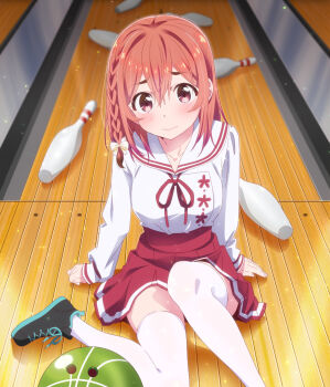 1girl ball blouse blush bowling_alley bowling_ball bowling_pin braid female_focus highres kanojo_okarishimasu key_visual knee_up long_sleeves looking_at_viewer medium_hair miniskirt neck_ribbon official_art pink_eyes pleated_skirt promotional_art red_hair red_skirt ribbon sailor_collar sakurasawa_sumi shirt shoes sitting skirt sneakers solo thighhighs white_shirt white_thighhighs wooden_floor zettai_ryouiki