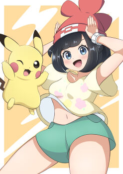 1girl :d ;d absurdres beanie black_hair blue_eyes blush border bracelet caramelldansen cowboy_shot floral_print gen_1_pokemon green_shorts hat highres jewelry looking_at_viewer medium_hair midriff navel nintendo one_eye_closed open_mouth oronamin_poke pikachu pokemon pokemon_(creature) pokemon_sm red_hat short_shorts shorts simple_background smile