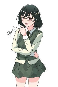 Rule 34 | 1girl, :d, artist name, black hair, black necktie, blush, brown-framed eyewear, brown eyes, character name, collared shirt, corrupted twitter file, cowboy shot, fang, glasses, green shirt, green skirt, green sweater vest, highres, long sleeves, looking at viewer, love live!, love live! nijigasaki high school idol club, medium hair, mifune shioriko, miniskirt, necktie, open mouth, shirt, skirt, smile, solo, standing, sweater vest, yozorapi