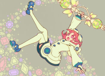 Rule 34 | 1girl, blue shoes, bright pupils, commentary request, dress, falling, full body, grey background, hijikimon2mon, holding, holding staff, hood, hood down, hooded dress, long sleeves, mary janes, open mouth, phantasy star, phantasy star zero, pink hair, pointy ears, sarisa, shoes, short hair, solo, staff, thighhighs, white dress, white pupils, white thighhighs