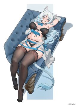 Rule 34 | 1girl, animal ears, arm behind back, artist name, black bra, blue eyes, blush, bra, breasts, commission, couch, detached sleeves, feet, full body, garter straps, gloves, grey hair, large breasts, long hair, looking at viewer, navel, on couch, original, panties, pantyhose, sin (sintrybest), smile, tail, teeth, thighhighs, underwear, undressing