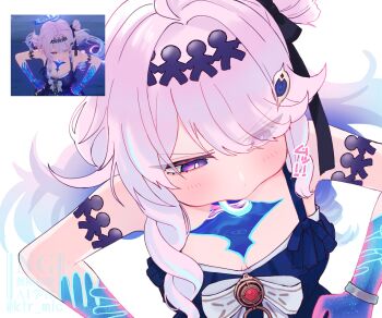 1girl absurdres bare_shoulders blue_hair breasts colored_extremities commentary denia_(wuthering_waves) dress eyes_visible_through_hair game_screenshot_inset gradient_hair hair_ornament hair_over_one_eye hands_on_own_hips highres ktr_mic light_blush long_hair multicolored_hair pink_hair purple_dress purple_eyes screenshot_inset small_breasts solo tacet_mark_(wuthering_waves) untranslatable_commentary wuthering_waves yurie_mouth