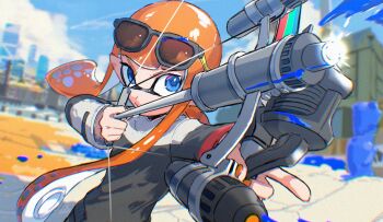 Rule 34 | 1girl, archery, black-framed eyewear, blue eyes, blue pupils, blurry, blurry background, bow (weapon), commentary request, eyewear on head, highres, holding, holding bow (weapon), holding weapon, ink, inkling, inkling girl, inkling player character, long hair, nintendo, orange hair, outdoors, pointy ears, shafu, solo, splatoon (series), splatoon 3, standing, sunglasses, tentacle hair, tri-stringer (splatoon), weapon