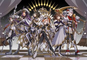 6+girls ahozur_dayo alternate_costume animal_ears black_hair bow brown_eyes brown_hair crossed_legs dream_journey_(umamusume) dress ears_through_headwear fenomeno_(umamusume) fingerless_gloves flipped_hair full_body gloves gold_ship_(umamusume) grey_hat hat highres horse_ears horse_girl horse_tail horseshoe_hat_ornament horseshoe_ornament long_hair long_sleeves looking_at_viewer multicolored_hair multiple_girls nakayama_festa_(umamusume) one_eye_closed orange_hair orfevre_(umamusume) peaked_cap pillbox_hat polearm purple_eyes purple_hair red_eyes scythe sitting sitting_on_throne stay_gold_(umamusume) stay_gold_clan_(umamusume) striped_hat sword tail throne tongue tongue_out umamusume v very_long_hair weapon white_dress white_gloves white_hair