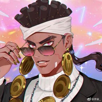 1boy adjusting_eyewear bandaid bandaid_on_cheek bandaid_on_face black_jacket blazer brown_hair chain chain_necklace chinese_commentary coin collared_jacket commentary_request constellation dark-skinned_male dark_skin ear_piercing earrings eyebrow_piercing eyelashes face_piercing fass_(weibo_7305677554) forehead forehead_piercing gold_coin gold_earrings gold_nails gold_piercing hand_on_eyewear headband jacket jewelry jojo_no_kimyou_na_bouken labret_piercing lapels layered_sleeves light_particles lip_piercing lips long_hair long_sleeves looking_at_viewer low_ponytail male_focus mohammed_avdol multicolored_background multiple_piercings multiple_rings nail_polish necklace notched_lapels orange_background parted_lips piercing pink_background pink_eyes ponytail purple_background red-tinted_eyewear ring scar scar_on_face smile solo sparkle stardust_crusaders sunglasses sweater teeth thick_eyebrows tinted_eyewear turtleneck turtleneck_sweater upper_body watermark weibo_watermark white_headband white_sweater yellow-framed_eyewear