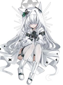 1girl alternate_color animal_ear_headwear arm_belt black_gloves blue_archive boots choker commentary_request dress eye_mask fake_animal_ears gloves grey_choker halo hat highres interlocked_fingers knee_boots knees_up long_braid long_hair mari_(blue_archive) mask mutou_mame nun_headdress open_mouth own_hands_together palms_together sitting solo thighhighs very_long_hair white_boots white_dress white_hair white_hat white_thighhighs