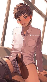 artist_logo blur_censor blush brown_eyes brown_hair censored collarbone collared_shirt desk edging embarrassed erection fanbox_reward foreskin handjob highres leaning_back logo looking_down male_focus male_underwear male_underwear_pull open_mouth original paid_reward paid_reward_available pants_around_one_leg penis precum school_desk school_uniform shirt shota sitting spread_legs steelwire sweat sweatdrop testicles thighs torax underwear window yaoi