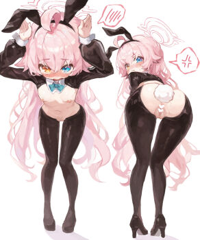 1girl ahoge anal_beads anal_tail animal_ears ass black_thighhighs blue_archive blue_eyes blush breasts butt_plug censored fake_animal_ears fake_tail halo heart heart_censor heterochromia high_heels highres hoshino_(blue_archive) loli long_hair looking_at_viewer looking_back navel nipples orange_eyes pink_hair pussy rabbit_ears rabbit_tail reverse_bunnysuit reverse_outfit sex_toy shoes small_breasts standing stomach tail thighhighs utsubo_(xjnh7234)