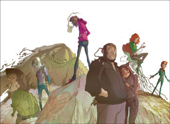 2girls 6+boys alternate_costume animal_hood backpack bag bane batman_(series) catwoman clayface dc_comics edward_nigma green_footwear hands_in_pockets helmet hood hoodie killer_croc looking_at_viewer looking_back monster_boy mr._freeze multiple_boys multiple_girls oswald_cobblepot poison_ivy selina_kyle shoes simple_background smile smoking standing the_joker the_penguin the_riddler umbrella white_background