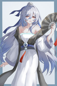 Rule 34 | 1girl, absurdres, bare shoulders, blue hair, closed mouth, dress, evzeva, hair between eyes, highres, honkai: star rail, honkai (series), jingliu (honkai: star rail), long hair, looking at viewer, red eyes, solo