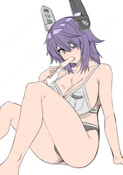 1girl 30-06 adapted_costume breasts cleavage commentary_request eyepatch food headgear highres kantai_collection large_breasts medium_hair popsicle purple_eyes sitting solo swimsuit tenryuu_(kancolle) yellow_eyes