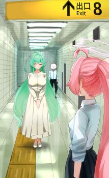 1boy 2girls ^_^ absurdres ahoge aqua_hair black_skirt blue_archive bonefire0909 breasts closed_eyes commentary doodle_sensei_(blue_archive) dress facing_another halo highres hoshino_(blue_archive) huge_ahoge korean_commentary large_breasts long_hair long_sleeves multiple_girls own_hands_together parody pink_hair pleated_skirt ponytail school_uniform sensei_(blue_archive) shirt shoes skirt straight_hair the_exit_8 tile_floor tile_wall tiles very_long_hair white_dress white_shirt white_shoes yume_(blue_archive)