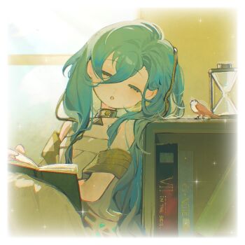 1girl 37_(reverse:1999) aged_down ancient_greek_clothes bare_shoulders bird blue_hair book book_on_lap bookshelf border closed_eyes fading_border gold_choker greco-roman_clothes hair_between_eyes highres hourglass jiaji leaning_to_the_side long_hair open_book open_mouth reverse:1999 sleeping sleeping_upright solo toga window