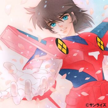 Rule 34 | 1boy, aqua eyes, armor, black hair, cherry blossoms, lips, long hair, male focus, medium hair, mizuki ken, outstretched hand, parted lips, petals, yoroiden samurai troopers, sanada ryou, sidelocks, solo, upper body, yoroiden samurai troopers