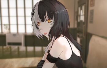 1girl :p absurdres alternate_costume bare_shoulders black_hair commentary english_commentary from_side hair_ornament hand_warmer highres hololive hololive_english indoors kurochanai long_hair looking_at_viewer multicolored_hair shiori_novella sitting tongue tongue_out turning_head two-tone_hair virtual_youtuber white_hair yellow_eyes