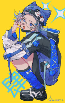 1boy absurdres alternate_costume animal_ear_hood animal_hat animal_hood aotsuki_eito black_hoodie black_nails black_shoes blue_bow blue_eyes blue_hoodie blue_leg_warmers blue_nails bow cat_hat character_hair_ornament chullo dated du_da_la fake_animal_ears fingernails from_side full_body glasses grey_hair hair_bow hair_intakes hair_ornament hairpin hand_on_own_face hat head_back highres hood hood_down hoodie hugging_own_legs layered_sleeves leg_warmers long_fingernails long_sleeves looking_at_viewer male_focus mask mouth_mask multicolored_hoodie multicolored_nails multiple_hairpins nigou_(hundred_line) open_mouth rabbit_hood semi-rimless_eyewear shoes short_over_long_sleeves short_sleeves signature sirei_(hundred_line) sneakers solo squatting the_hundred_line_-last_defense_academy- two-tone_sleeves unworn_mask white_bow white_sleeves yellow_background