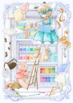 1girl absurdres blindfold blush book brown_hair canvas_(object) chiori_n coffee coffee_beans colored_pencil colored_pencil_(medium) commentary_request doll dress expressionless fantasy food highres holding holding_book long_hair original painting_(action) pancake pencil sitting stuffed_animal stuffed_toy teddy_bear traditional_media twintails
