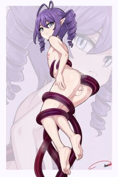 1boy absurdres ahoge aldharoku anal androgynous blue_eyes bored bound bound_legs commission commissioner_upload drill_hair elf emotionless_sex expressionless feet highres male_chest male_focus male_penetrated nipples original pointy_ears purple_hair simple_background suspended_congress tentacles testicles toes trap