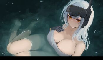 1girl absurdres black_gloves breasts cleavage commentary_request gloves goddess_of_victory:_nikke headset highres large_breasts long_hair looking_at_viewer naked_towel partially_submerged snow_white_(nikke) solo thighs towel water white_hair yakii_(yak11) yellow_eyes