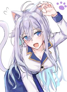 Rule 34 | 1girl, 86 -eightysix-, animal ears, blue skirt, blush, cat ears, cat tail, fang, hair between eyes, highres, long hair, long sleeves, looking at viewer, open mouth, shirt, simple background, skirt, smile, solo, tail, tanuyama, vladilena millize, white background, white eyes, white hair, white shirt