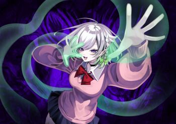 1girl 402_(o0_xxx) ayase_momo ayase_momo_(cosplay) black_choker black_skirt bow bowtie braid breasts choker commentary_request cosplay cowboy_shot dandadan grey_hair hands_up highres long_sleeves looking_at_viewer magic medium_breasts miniskirt open_hand open_mouth parted_bangs pink_sweater purple_background purple_eyes red_bow red_bowtie short_hair skirt smile solo sweater swept_bangs virtual_youtuber yuni_(yuni_channel) yuni_channel