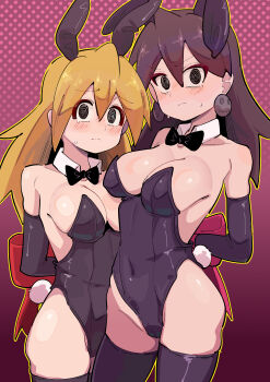 2girls absurdres animal_ears arms_behind_back bare_shoulders black_eyes black_leotard black_thighhighs blonde_hair breasts brown_hair buzzlyears cowboy_shot earrings fake_animal_ears fake_tail highres jewelry leotard medium_breasts medium_hair mega_man_(series) mega_man_legends_(series) multiple_girls playboy_bunny purple_background rabbit_ears rabbit_tail red_ribbon restrained ribbon ringed_eyes roll_caskett_(mega_man) skull_earrings strapless strapless_leotard tail thighhighs tron_bonne_(mega_man)