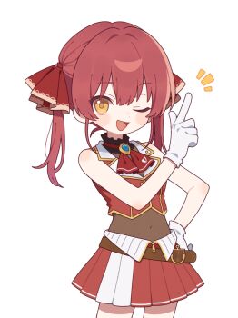 1girl ;d ascot bare_shoulders blush_stickers commentary_request covered_navel cowboy_shot cropped_jacket dot_nose gloves hair_ribbon hand_on_own_hip hand_up highres hololive houshou_marine houshou_marine_(1st_costume) jacket leotard leotard_under_clothes long_hair looking_at_viewer meroharome miniskirt one_eye_closed open_mouth pleated_skirt red_ascot red_hair red_jacket red_ribbon red_skirt ribbon see-through_clothes see-through_leotard simple_background skirt sleeveless sleeveless_jacket smile solo twintails two-tone_skirt virtual_youtuber white_background white_gloves white_skirt yellow_eyes