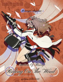 Rule 34 | 1girl, absurdres, animal ears, arknights, artist name, bag, black bag, black collar, black gloves, black shirt, black shoes, black shorts, black socks, brown hair, character name, coat, collar, dated, drop shadow, english text, floating clothes, floating hair, fox ears, fox girl, from side, fruit background, full body, gloves, highres, holding, holding staff, infection monitor (arknights), jacket, kneehighs, letter, lokiria, long sleeves, love letter, messenger bag, no tail, open clothes, open jacket, orange background, red eyes, red jacket, shirt, shoes, short shorts, shorts, shoulder bag, sneakers, socks, solo, staff, title, twintails, unzipped, white coat