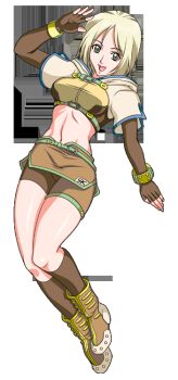 1girl belt blonde_hair boots breasts brown_boots brown_gloves brown_shirt brown_shorts brown_skirt brown_socks commentary_request crop_top cropped_jacket elbow_gloves fingerless_gloves full_body gloves green_belt hunter_(ragnarok_online) jacket jumping looking_at_viewer medium_breasts midriff miniskirt namekongu navel open_mouth photoshop_(medium) ragnarok_online salute shirt short_shorts short_sleeves shorts shorts_under_skirt skirt smile socks solo white_background white_jacket yellow_eyes