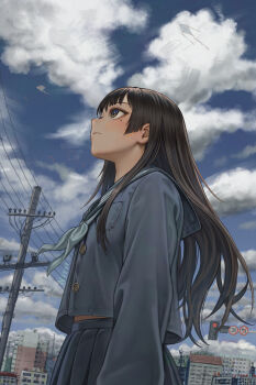 1girl absurdres black_hair blue_ribbon blue_serafuku blue_skirt cityscape cloud cloudy_sky commentary_request highres hime_cut kite long_hair looking_to_the_side midriff mole mole_on_cheek original pleated_skirt power_lines ribbon scenery school_uniform serafuku skirt sky solo traffic_light user_vvdr2237 utility_pole