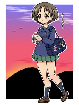 1girl blush breasts brown_eyes brown_hair closed_mouth eating food full_body girls_und_panzer green_skirt maruyama_saki miniskirt ooarai_school_uniform outdoors pleated_skirt school_uniform short_hair skirt sky small_breasts solo takahashi_kurage