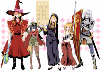 Rule 34 | 2boys, 3girls, :d, :t, absurdres, argyle background, armor, armored boots, arms up, black boots, black hair, black robe, black sandals, black shoes, blonde hair, blue eyes, boots, bow, breastplate, brown boots, bushidou (sekaiju), bushidou 2 (sekaiju), bushidou 2 (sekaiju) (cosplay), cape, capelet, chain, clenched teeth, closed mouth, cosplay, costume switch, crossdressing, crown, curse maker, curse maker 1, curse maker 1 (cosplay), doctor magus, doctor magus 4, doctor magus 4 (cosplay), dress, etrian odyssey, flat cap, green hat, green shirt, grey hair, grey pants, hakama, hakama skirt, hand on own hip, hands on headwear, hat, hat bow, highres, holding, holding shield, holding staff, holding sword, holding weapon, hood, hood up, hooded robe, japanese clothes, knee boots, ladder lottery, long hair, mini crown, multiple boys, multiple girls, navel, nervous smile, nikki kyousuke, open mouth, paladin (sekaiju), paladin 2 (sekaiju), paladin 2 (sekaiju) (cosplay), pants, pauldrons, pink bow, ranger (sekaiju), ranger 1 (sekaiju), ranger 1 (sekaiju) (cosplay), red cape, red capelet, red dress, red eyes, red hakama, red hat, ringlets, robe, sandals, sarashi, shield, shirt, shoes, shoulder armor, skirt, smile, staff, sword, teeth, torn cape, torn clothes, translation request, trembling, v-shaped eyebrows, very long hair, weapon, white background, witch hat, zouri