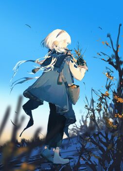 Rule 34 | ankle boots, autumn, autumn leaves, bare tree, blue sky, blurry, blurry foreground, boots, brown eyes, clear sky, clothing request, day, depth of field, falling leaves, from side, full body, grass, hairband, highres, holding, leaf, light blush, looking at object, parted lips, shengdi yage, short hair, sky, standing, tassel, tree, white boots, white hair