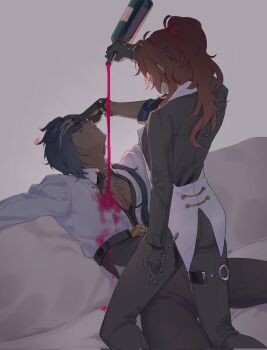 2boys black_gloves black_pants blue_hair bottle dark-skinned_male dark_skin diluc_(genshin_impact) eyepatch fingerless_gloves genshin_impact gloves hair_between_eyes high_ponytail highres holding holding_bottle inseki kaeya_(genshin_impact) long_hair long_sleeves male_focus manspreading multiple_boys pants parted_lips pectoral_cleavage pectorals ponytail red_eyes red_hair spilling teeth wine_bottle yaoi zehuij