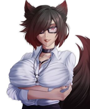 1girl absurdres animal_ears black_choker breasts brown_hair button_gap choker collar collarbone collared_shirt crossed_arms glasses grabbing_own_breast hair_over_one_eye highres hiragaslayer lips looking_at_viewer nail_polish original red_eyes shirt short_hair simple_background smile solo tail upper_body white_background white_shirt wolf_ears