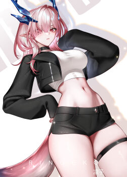 1girl absurdres alternate_costume arknights arknights:_endfield artist_name black_collar black_jacket black_shorts blue_horns breasts closed_mouth collar commentary crop_top hair_intakes hair_over_one_eye hand_on_own_hip highres horns jacket large_breasts long_hair long_sleeves looking_at_viewer mi_fu_(arknights) navel pink_eyes pink_hair pointy_ears ringeko-chan shirt shorts solo stomach tail thigh_strap thighs white_background white_shirt