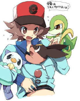 10s 1boy :&lt; baseball_cap brown_eyes brown_hair gen_5_pokemon hat hilbert_(pokemon) jacket nakamura_sandayo nintendo oshawott pokemon pokemon_(creature) pokemon_bw short_hair simple_background snivy starter_pokemon_trio tepig translation_request trucker_hat white_background