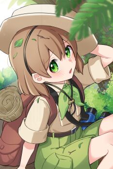 Rule 34 | 1boy, :o, absurdres, amakusa setoka, backpack, bag, belt, belt buckle, binoculars, blush, breast pocket, brown bag, brown belt, brown hair, buckle, budding expeditioner (pokemon), commentary request, day, green eyes, green shorts, hat, highres, leaf, looking at viewer, male focus, nintendo, open mouth, outdoors, pocket, pokemon, pokemon tcg, pokemon tcg pocket, scroll, shirt, short sleeves, shorts, sitting, solo