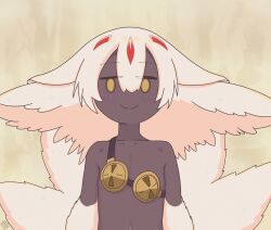 Rule 34 | 1girl, alphawolver, animal ear fluff, animal ears, blush, bone, bra, child, closed mouth, collarbone, dark-skinned female, dark skin, faputa, flat chest, fluff, fluffy, furry, furry female, hair between eyes, highres, looking at viewer, made in abyss, monster girl, multiple tails, navel, onii-chan wa oshimai!, parody, scene reference, smile, solo, standing, tail, topless, underwear, upper body, white fur, white hair, yellow background, yellow bra, yellow eyes