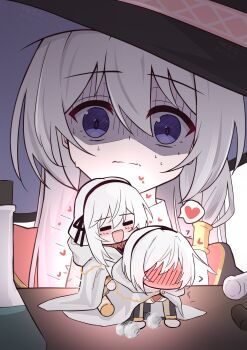 3girls absurdres amnesia_(majo_no_tabitabi) avilia_(majo_no_tabitabi) blush chibi closed_mouth commentary_request dry_humping elaina_(majo_no_tabitabi) full-face_blush hat heart highres huffing humping looking_at_viewer majo_no_tabitabi mini_person multiple_girls on_table open_mouth shaded_face shiyan_ying sweat table vial white_background white_hair witch_hat yuri